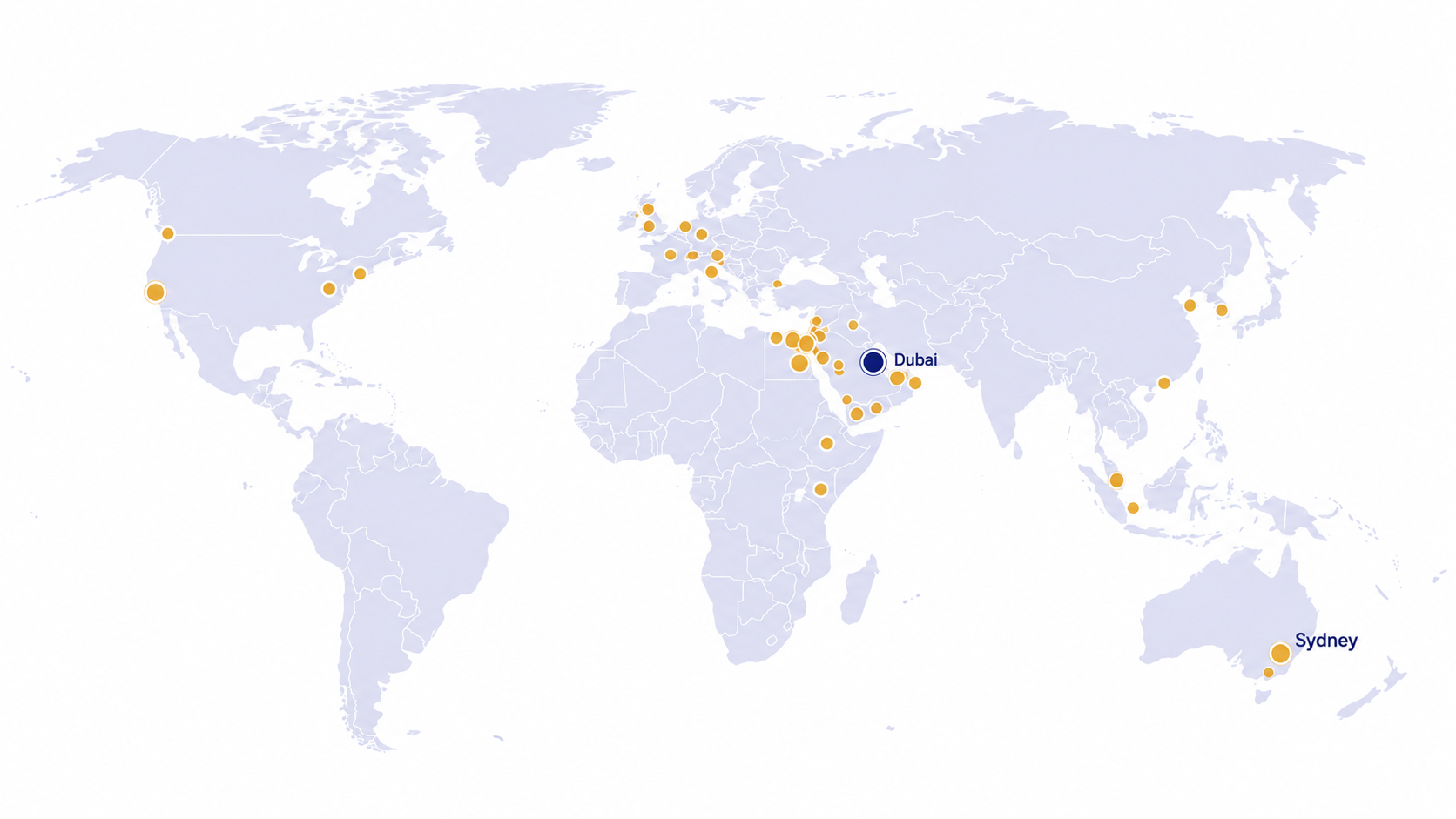 Illustrative world map of Bawsla’s reach, with Dubai and Sydney highlighted.