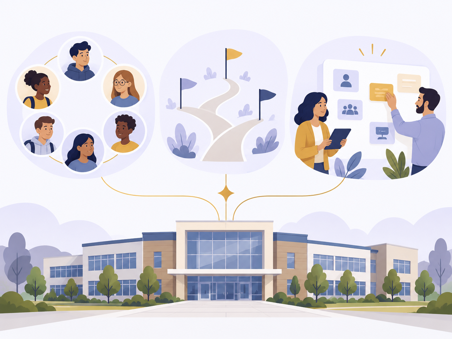 Illustration of a school, diverse learners and connected pathways, with educators planning support together.